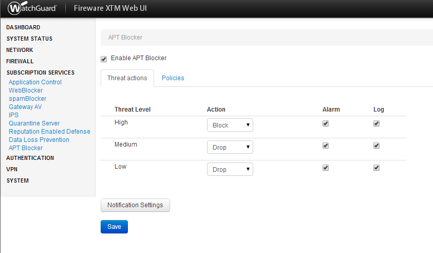 WatchGuard Fireware OS 11.9 APT Blocker settings