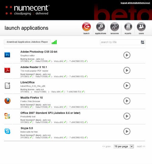 Numecent NaaS Application Launch Page