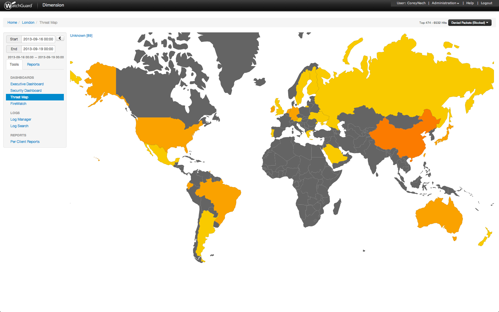 WatchGuard Dimension threat map showing blocked sites