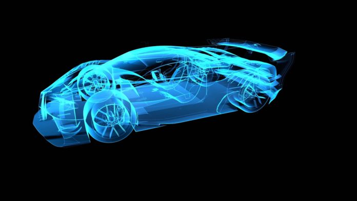 Detailed virtual model of a car acting as a digital twin for a physical car.