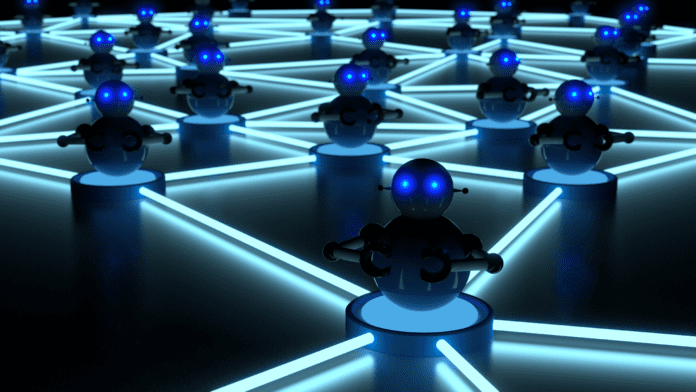 Botnet concept with glowing eyes platform bots.