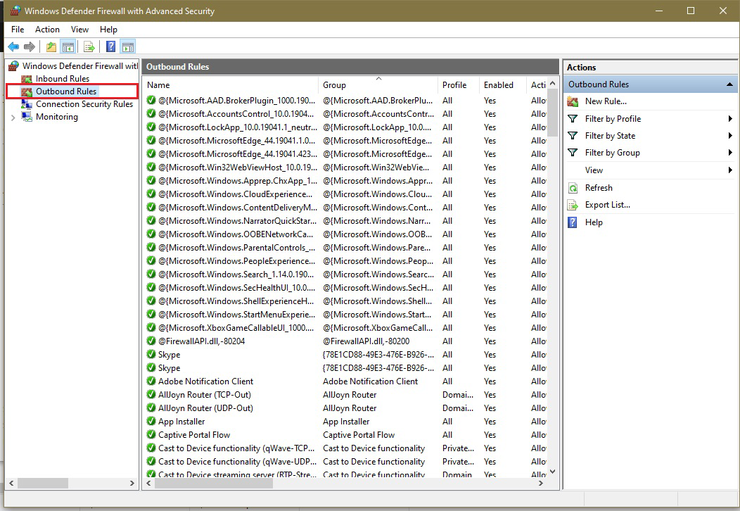 Outbound Rules in Windows Defender Firewall