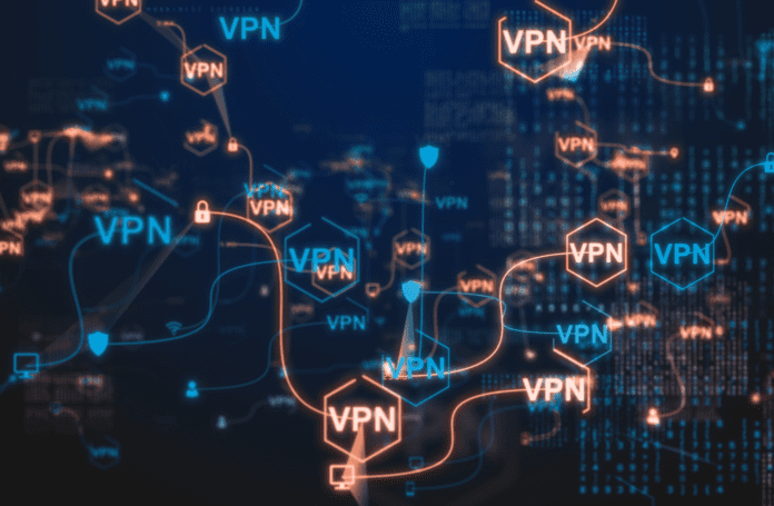 Virtual connected nodes labeled VPN with other icons related to VPN.