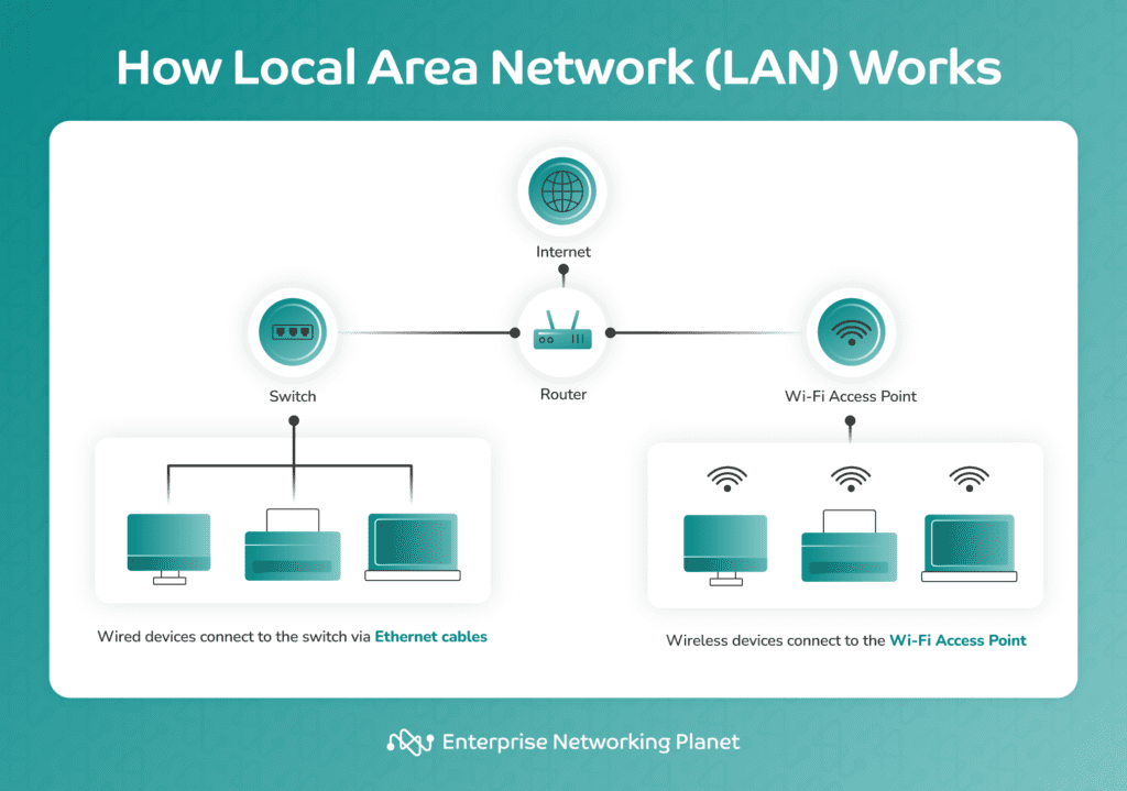Infographic depicting the structure of a LAN: wired devices connect to a router through a switch, while wireless devices connect through Wi-Fi, and the router connects them all to the internet.